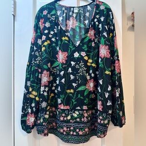 Black Floral Whimsical Boho Tunic Top V-Neck, Long Blouson Balloon Sleeves, XXL